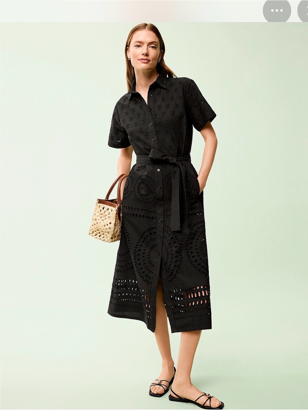 Ann Taylor Black Eyelet Midi Shirt Dress with Tie Waist